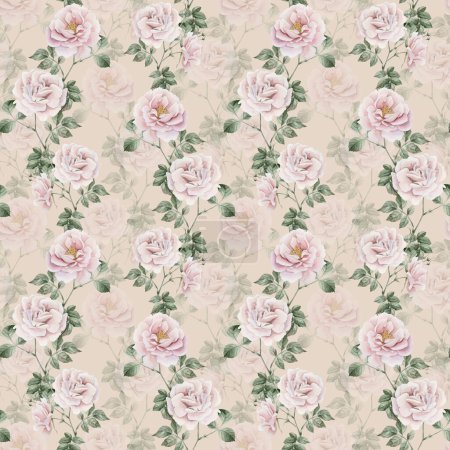 Photo for Rose hip pink flowers with buds and green leaves, Victorian style, watercolor seamless pattern on beige background. For use in design, fabric, textile, scrapbooking, wallpaper, wrapping papper, gift boxes, greeting cards, background - Royalty Free Image