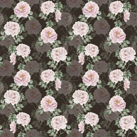 Foto de Rosa rosa rosa rosa con brotes y hojas verdes, estilo victoriano, patrón sin costuras de acuarela sobre fondo oscuro. Para su uso en diseño, tela, textil, scrapbooking, papel pintado, papel de embalaje, cajas de regalo, tarjetas de felicitación, fondo - Imagen libre de derechos