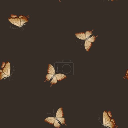 Foto de Mariposas marrones, patrón minimalista sin costuras de acuarela sobre fondo oscuro. Para su uso en diseño, tela, textil, scrapbooking, papel pintado, papel de embalaje, cajas de regalo, tarjetas de felicitación, fondo - Imagen libre de derechos
