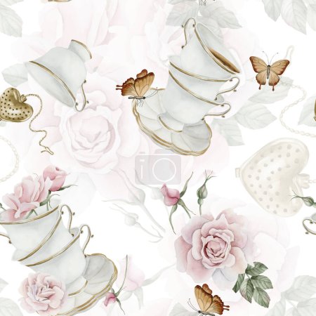 Foto de Rosa mosqueta flores, bayas rojas, hojas, té de porcelana blanca y mariposas, patrón sin costuras de acuarela en blanco - Imagen libre de derechos