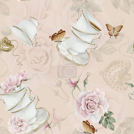 Photo for Rose hip pink flowers, red berries, leaves, white porcelain teaware and brown butterflies, watercolor seamless pattern on beige background. For use in design, fabric, textile, scrapbooking, wallpaper, wrapping papper, greeting cards, background - Royalty Free Image