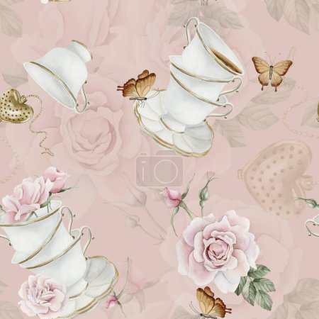 Photo for Rose hip pink flowers, red berries, leaves, white porcelain teaware and brown butterflies, watercolor seamless pattern on peach pink background. For use in design, fabric, textile, scrapbooking, wallpaper, wrapping papper, greeting cards, background - Royalty Free Image