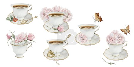 Photo for Set of compositions with cup of tea, pink rose hip flowers, red berries and brown butterflies. Floral watercolor illustration hand painted isolated on white background. Perfect for invitation, posters, labels, wallpapers, wrappers, fabrics, textile - Royalty Free Image