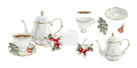 Composition of white porcelain teapot, tea cup and saucer with gilded rim, rose hip berries and leaves with isolates. Victorian style. Watercolor illustration hand painted isolated on white background. Perfect for invitations, labels, wrapper, fabric