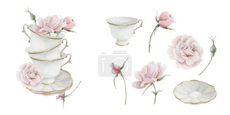 Composición de tres tazas de té de porcelana blanca y platillos con borde dorado y flores de rosa rosa mosqueta con aislados. Estilo victoriano. Acuarela ilustración pintada a mano aislada sobre fondo blanco. Perfecto para invitaciones, etiquetas, telas, textiles