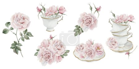 Photo for Set of composition with white porcelain tea cups and saucers with gilded rim and pink rose hip flowers. Victorian style. Watercolor illustration hand painted isolated on white background. Perfect for invitations, labels, wrapping, textile, cards - Royalty Free Image