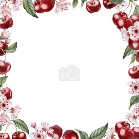Cherry berries with flowers and leaves, watercolor isolated illustration. Frame with spring blossom for cards, table textile, porcelain tableware and delicious prints. Berry fruits for summer fabrics, labels and food packages