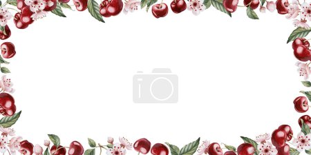 Cherry berries with flowers and leaves, watercolor isolated illustration. Horizontal frame with spring blossom for cards, table textile and delicious prints. Berry fruits for labels and food packages
