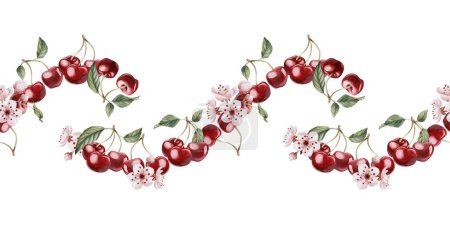 Cherry berries with pink flowers and leaves, watercolor isolated illustration. Seamless border for table textile, porcelain tableware and delicious prints. Berry fruits for summer fabrics, wrapping and food packages