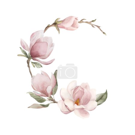 Téléchargez les photos : Composition de fleurs, bourgeons, branches et feuilles de magnolia rose clair. Arrangement semi-circulaire. Illustration aquarelle florale peinte à la main isolée sur fond blanc. Floraison printanière pour impression, étiquette ou logo. - en image libre de droit