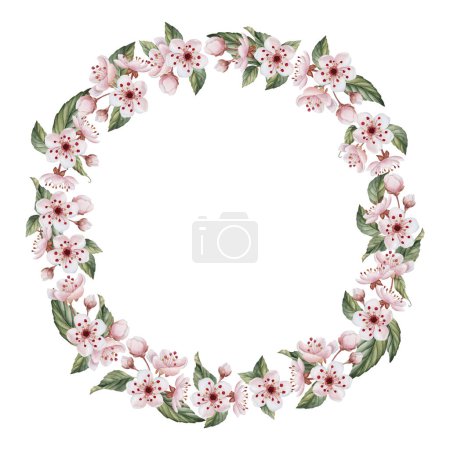 Foto de Corona con flor de cerezo, ilustración de acuarela aislada en blanco. Flores rosadas de primavera para textiles de mesa, vajilla de porcelana y deliciosos estampados, telas, envolturas, paquetes cosméticos, etiquetas - Imagen libre de derechos