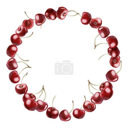 Wreath with cherry berries, watercolor illustration isolated on white for table textile, porcelain tableware and delicious prints. Berry fruits for summer fabrics, wrapping, food packages, labels