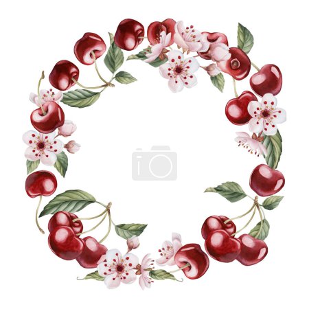 Cherry berries with flowers and leaves, watercolor isolated illustration. Wreath with berry fruits and spring blossom for table textile, porcelain tableware, delicious prints and food packages