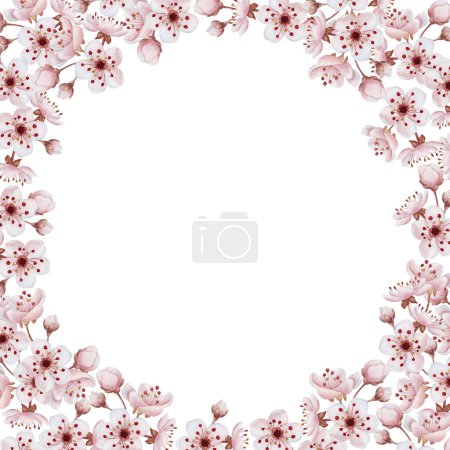 Téléchargez les photos : Frame with cherry blossom, watercolor illustration isolated on white. Spring pink flowers for table textile, porcelain tableware, delicious prints, cosmetic packages, labels or logo - en image libre de droit