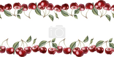 Photo for Cherry berries with leaves, watercolor isolated illustration. Seamless border with berry fruits for table textile, porcelain tableware delicious prints, summer fabrics, wrapping and food packages - Royalty Free Image