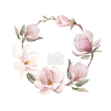 Téléchargez les photos : Couronne de fleurs de magnolia rose clair, bourgeons, brindilles et feuilles. Illustration aquarelle florale peinte à la main isolée sur fond blanc. Floraison printanière pour emballage cosmétique, impression, étiquette ou logo. - en image libre de droit