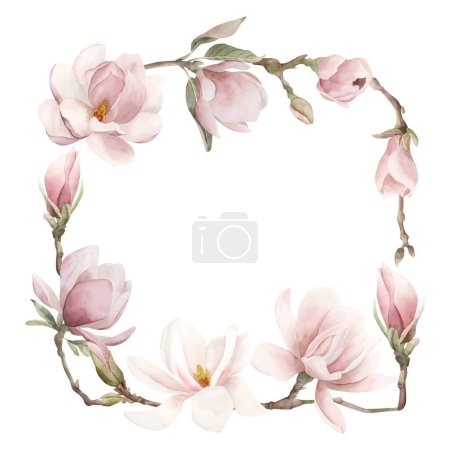 Téléchargez les photos : Cadre de fleurs de magnolia rose clair, bourgeons, brindilles et feuilles. Arrangement carré. Illustration aquarelle florale peinte à la main isolée sur fond blanc. Floraison printanière pour impression, étiquette ou logo. - en image libre de droit