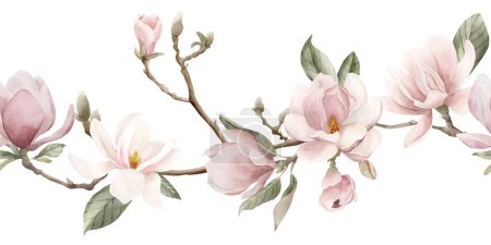 Foto de Flores, brotes, ramitas y hojas de magnolia rosa claro. Borde sin costuras de flor de primavera. Ilustración de acuarela floral pintada a mano aislada sobre fondo blanco para impresión, etiqueta, embalaje cosmético. - Imagen libre de derechos