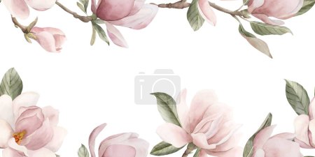 Téléchargez les photos : Magnolia rose clair fleurs, bourgeons, brindilles et feuilles. Carte horizontale de fleur de printemps. Illustration aquarelle florale peinte à la main isolée sur fond blanc pour impression, étiquette, emballage cosmétique. - en image libre de droit