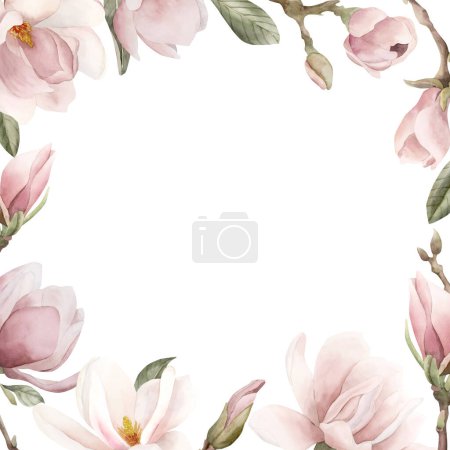 Téléchargez les photos : Magnolia rose clair fleurs, bourgeons, brindilles et feuilles. Cadre de fleur de printemps. Illustration aquarelle florale peinte à la main isolée sur fond blanc pour impression, étiquette, emballage cosmétique. - en image libre de droit