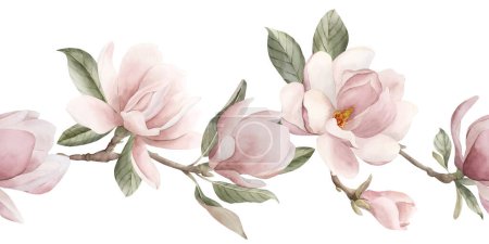 Foto de Flores, brotes, ramitas y hojas de magnolia rosa claro. Borde sin costuras de flor de primavera. Ilustración de acuarela floral pintada a mano aislada sobre fondo blanco para impresión, etiqueta, embalaje cosmético. - Imagen libre de derechos