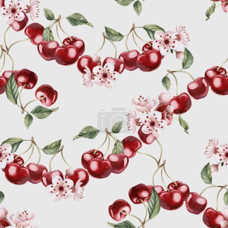 Cherry berries with flowers and leaves, watercolor floral seamless pattern on blue background for table textile, porcelain tableware, delicious prints, summer fabrics, wrapping paper and food packages