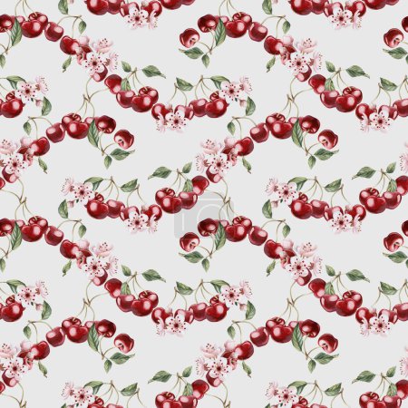 Cherry berries with flowers and leaves, watercolor floral seamless pattern on blue background for table textile, porcelain tableware, delicious prints, summer fabrics, wrapping paper and food packages