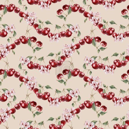 Cherry berries with flowers and leaves, watercolor floral seamless pattern on beige background for table textile, porcelain tableware, delicious prints, summer fabrics, wrapping paper and food packages