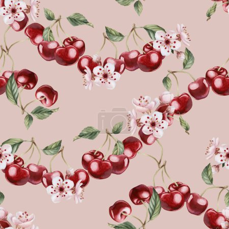 Photo for Cherry berries with flowers and leaves, watercolor floral seamless pattern on peach pink background for table textile, porcelain tableware, delicious prints, fabrics, wrapping paper and food packages - Royalty Free Image
