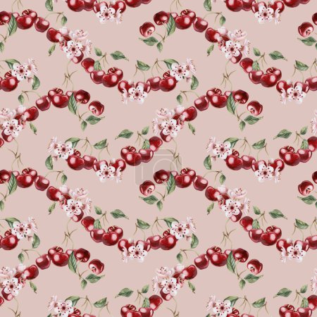 Cherry berries with flowers and leaves, watercolor floral seamless pattern on peach pink background for table textile, porcelain tableware, delicious prints, fabrics, wrapping paper and food packages