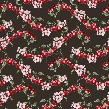 Cherry berries with flowers and leaves, watercolor floral seamless pattern on dark background for table textile, porcelain tableware, delicious prints, summer fabrics, wrapping paper and food packages
