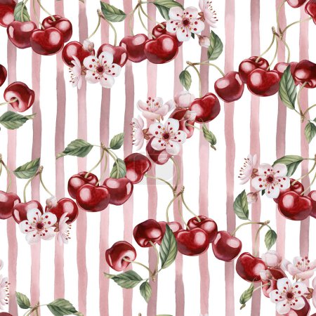Téléchargez les photos : Cherry berries with flowers and leaves, watercolor red striped seamless pattern on white background with spring blossom for table textile, summer fabrics, prints, wrapping paper and food packages - en image libre de droit