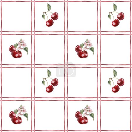 Téléchargez les photos : Motif sans couture aquarelle à carreaux rouges avec des baies cerises sur fond blanc avec des rayures pour textiles de table, vaisselle en porcelaine, tissu d'été, impressions, papier d'emballage et emballages alimentaires - en image libre de droit