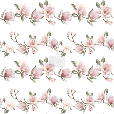 Photo for Light pink magnolia branch with buds and leaves. Watercolor floral seamless pattern on white background. Spring blossom for flower fabric, cosmetic packaging, wrapping paper and home textile - Royalty Free Image