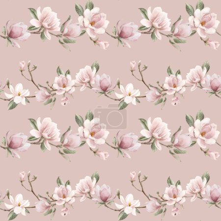 Foto de Rama de magnolia rosa claro con brotes y hojas. Patrón sin costura floral de acuarela sobre fondo rosa melocotón. Flor de primavera para tela de flores, envases cosméticos, papel de envolver y textiles para el hogar - Imagen libre de derechos