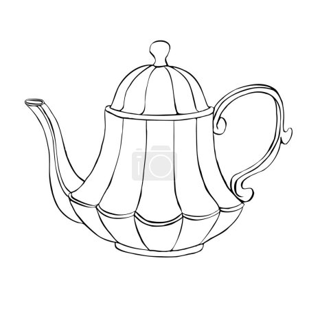 Illustration for Line teapot in Victorian style, vector illustration. Hand drawn contour sketch on isolated background. Linear drawing in black and white colors for coloring book, print, logo - Royalty Free Image