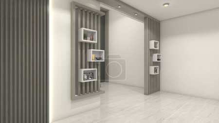 Photo for Modern and minimalist room divider design with grey color furnishings and white shelves ornament. Suitable for wall partition interior living room. - Royalty Free Image