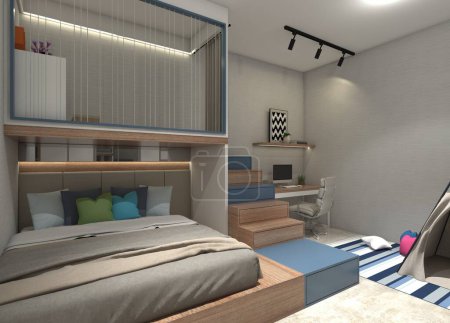 Foto de Diseño moderno de dormitorio para niños con espacio en el entresuelo y escritorio de estudio. Usando adorno de madera y cojín de cama king size. - Imagen libre de derechos