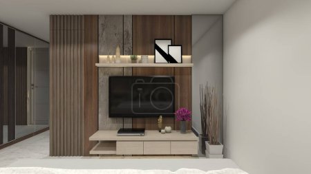 Photo for Tv cabinet design with rustic style. Using wooden and travertine marble furnishing, minimalist table, wall panel background, shelving rack and lighting decoration. Suitable for interior bedroom and living. - Royalty Free Image