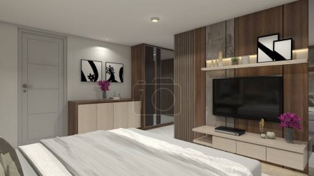 Photo for Rustic and luxury master bedroom design with wooden tv cabinet. Using table desk, wall panel decoration and shelving rack display. - Royalty Free Image