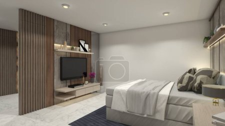 Photo for Modern and luxury master bedroom design with tv cabinet and king cushion bed. Using lighting decoration with travertine marble texture and wooden furnishing. - Royalty Free Image