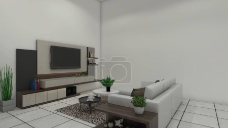 Photo for Wooden tv cabinet and comfortable sofa for interior living room design with rustic style. Using rack display and wall panel background decoration. - Royalty Free Image