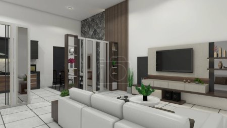 Photo for Modern living room design with wooden divider partition and tv cabinet. In the room include comfortable sofa and coffee table. - Royalty Free Image
