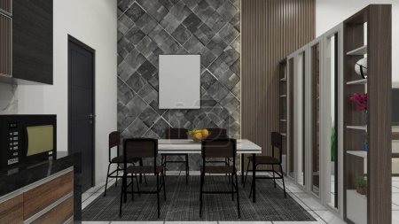 Photo for Industrial dining room design with rock wall artificial decoration and wooden panel. In the room include set dining table and divider partition. - Royalty Free Image