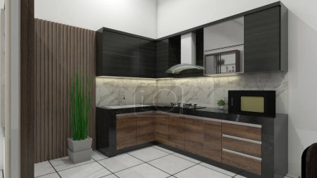 Photo for Kitchen cabinet design with industrial style using wooden and marble furnishing. In the kitchen include wooden wall panel background, sink, stove and oven. - Royalty Free Image