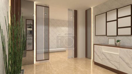 Photo for Minimalist wall partition design for interior corridor and living room. Using wooden and mirror furnishing. - Royalty Free Image