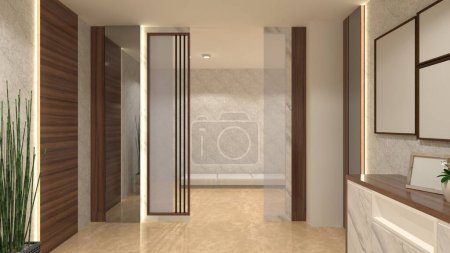 Photo for Modern wall partition design with wooden and mirror glass furnishing. Suitable for interior corridor, foyer, hallway and living room. - Royalty Free Image