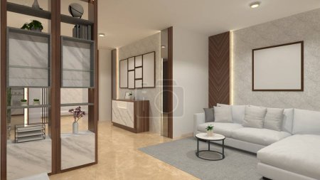 Photo for Modern living room design with comfortable sofa and divider partition. Using wooden interior furnishing and marble floor. - Royalty Free Image