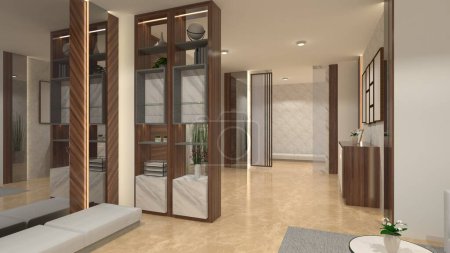 Photo for Interior corridor design with cushion bench and divider partition. Using lighting decoration, marble floor and wooden cabinet furnishing. - Royalty Free Image