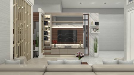Photo for Modern living room idea with TV cabinet. Include minimalist table, back panel decoration and display cabinet. - Royalty Free Image